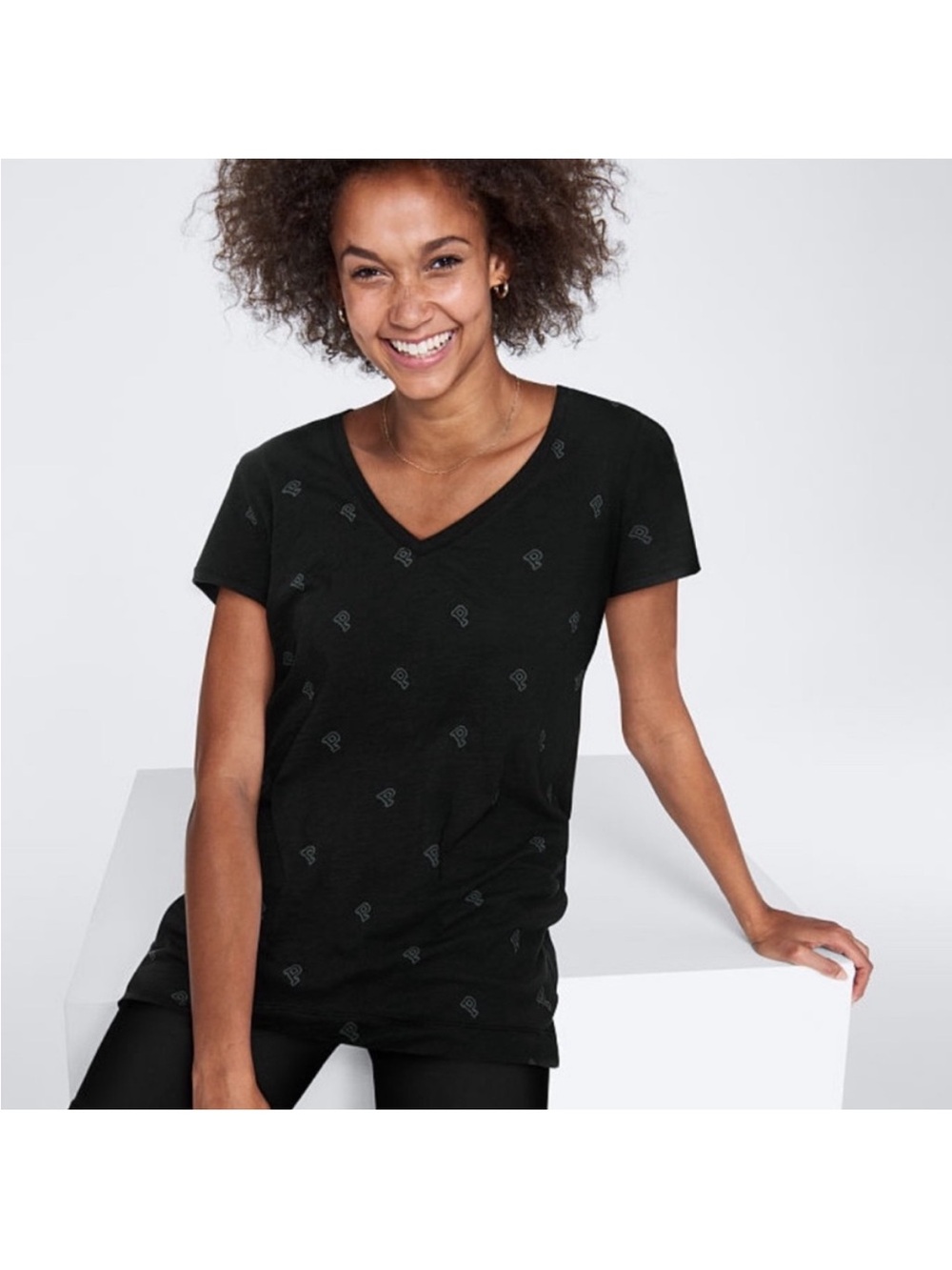 PINK Victoria's Secret Black V-Neck Logo Tee